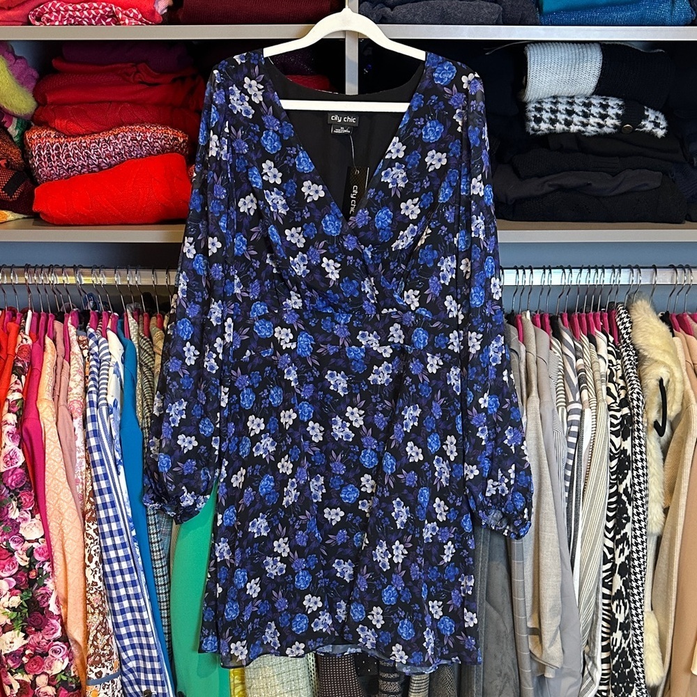 City Chic black/blue/purple floral long sleeve smocked waistband dress size XS